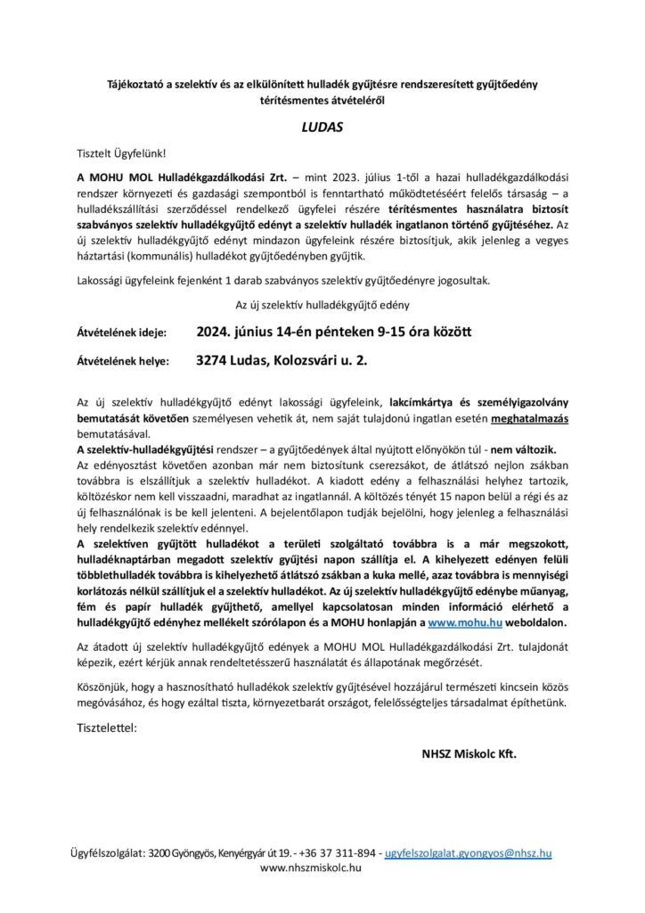 Tájékoztató a szelektív és az elkülönített hulladék gyűjtésre rendszeresített gyűjtőedény térítésmentes átvételéről